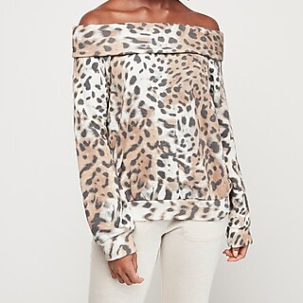 Brushed Leopard Off The Shoulder Fleece Sweatshirt Medium NWT